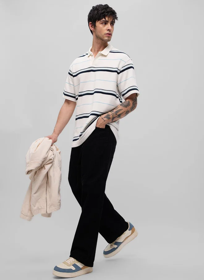 The Souled Store  The Souled Store Men Oversized Fit Popcorn Striped Off White Polo  | Best Price UAE
