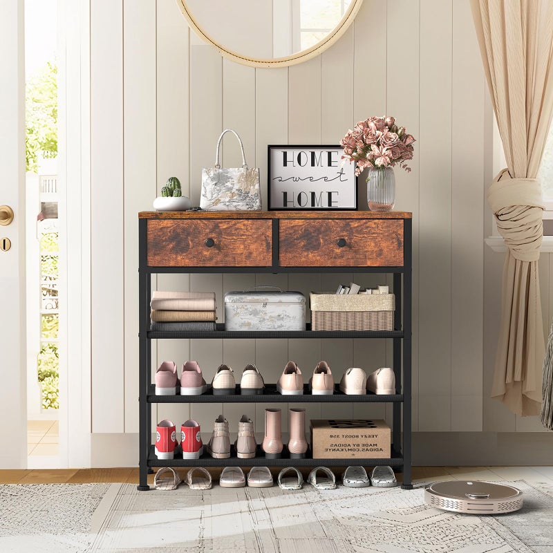 usikey Shoe Rack, 4 Tier Shoe Storage Organizer with 2 Drawers, Metal Shoe Shelf for 9-12 Pairs of Shoes, with 3 Oxford Fabric Shelves and Wooden Top, Shoe Stand for Entryway, Rustic Brown UNYXJX012F - Image 2