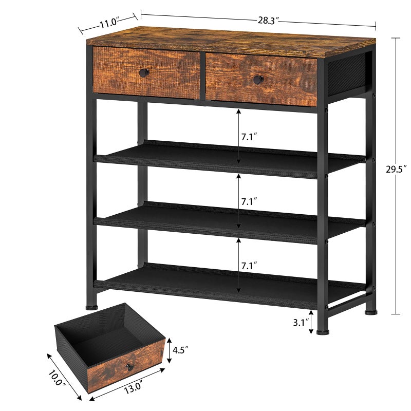 usikey Shoe Rack, 4 Tier Shoe Storage Organizer with 2 Drawers, Metal Shoe Shelf for 9-12 Pairs of Shoes, with 3 Oxford Fabric Shelves and Wooden Top, Shoe Stand for Entryway, Rustic Brown UNYXJX012F - Image 3