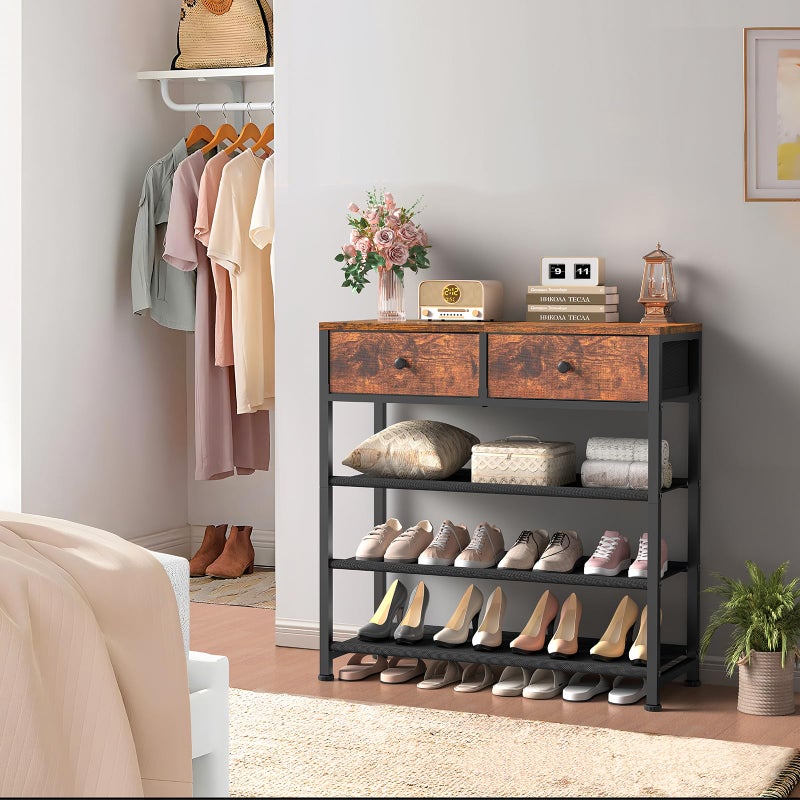 usikey Shoe Rack, 4 Tier Shoe Storage Organizer with 2 Drawers, Metal Shoe Shelf for 9-12 Pairs of Shoes, with 3 Oxford Fabric Shelves and Wooden Top, Shoe Stand for Entryway, Rustic Brown UNYXJX012F - Image 4