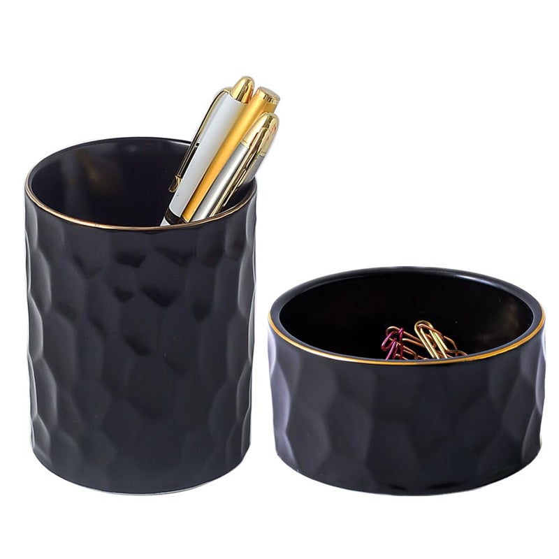 YOSCO Aesthetic Desk Organizer Set Of 2 For Office  Ceramic Pen Holder And Paper Clip Holder Dispenser  Cute Pencil Cup Pot For Desk  Desktop Accessories For Women Men  Office Decor Ideal Gifts (Black Set) - Image 1