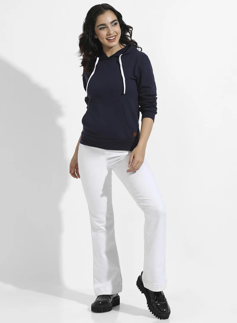 Campus Sutra Women's Navy Blue Pullover Hoodie With Kangaroo Pockets