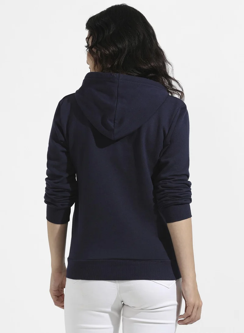 Campus Sutra Women's Navy Blue Pullover Hoodie With Kangaroo Pockets