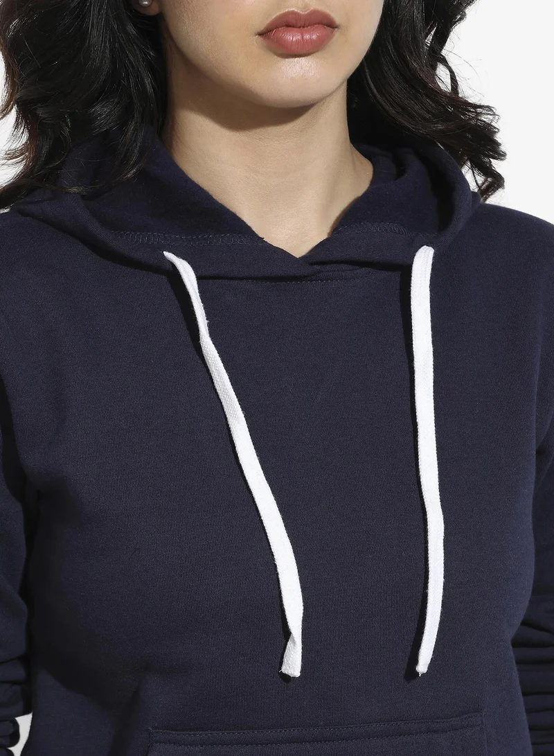 Campus Sutra Women's Navy Blue Pullover Hoodie With Kangaroo Pockets