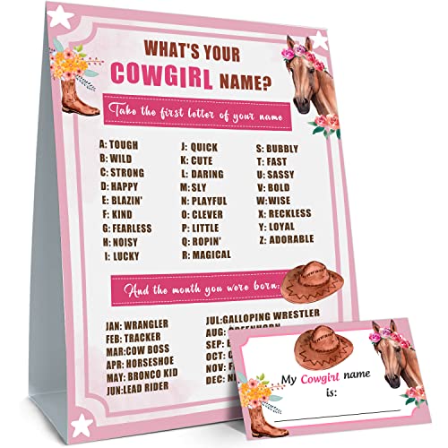 UBLURO What's Your Cowgirl Name, Cowgirl Birthday Party Sign for Girls, Holiday Activity, Kids Cowgirl Activity Cards, Cowgirl Activity Decoration Supplies(1 Superhero Theme Sign and 30 Name Tag Stickers) - Image 1