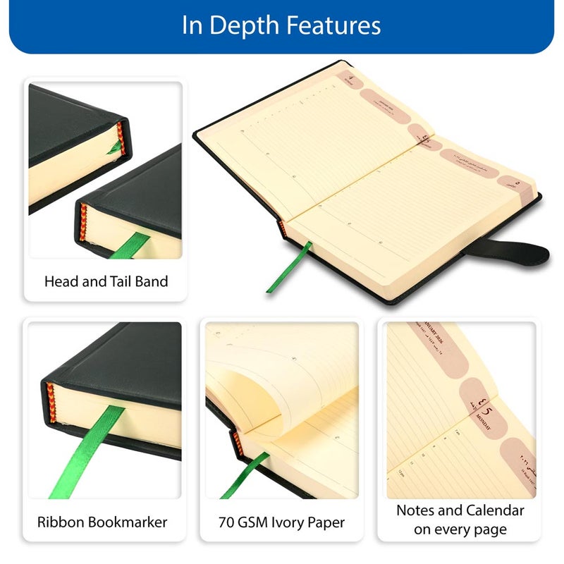 FIS 2026 Agenda Diary, 170x240mm, 1 Side Padded & Sewn Italian PU Cover, Round Corner with Strap Closure, 1 Day a Page, Arabic/English, 70gsm Italian Ivory Paper, Green Cover - FSDI75AE26GR - Image 5