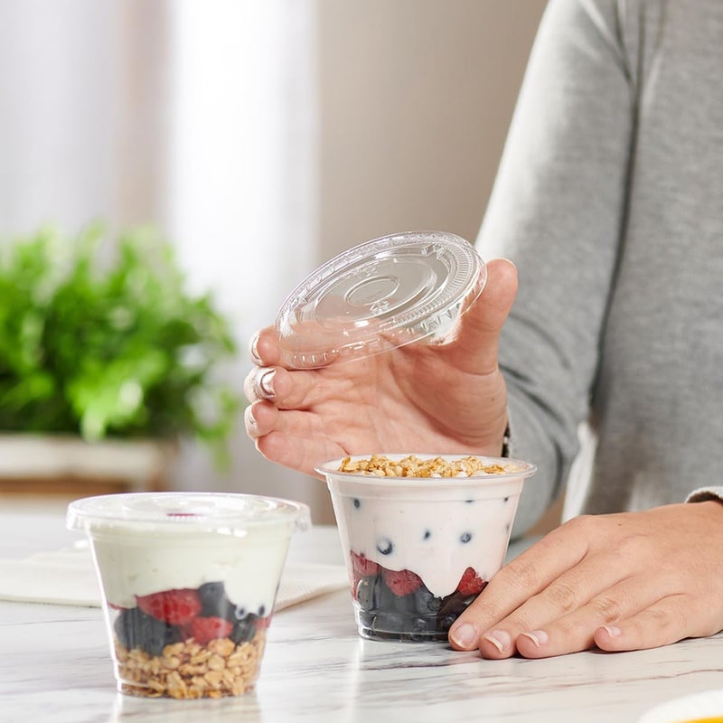 GUSTO [9 oz. - 50 Count Clear Plastic Cups With ?Flat Lids (No Hole)  Fruit Cups with Lids for Party - Perfect for Smoothies  Milkshakes  and To-Go Beverages - (Formerly Comfy Package) - Image 5