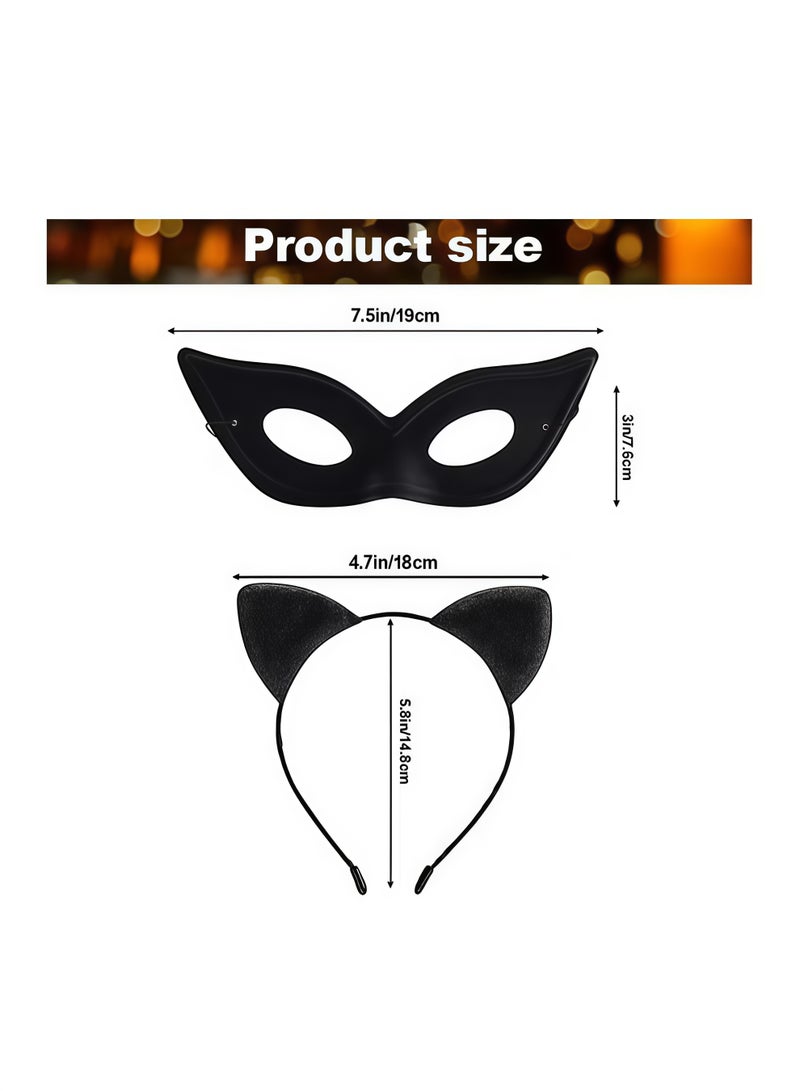 Cat Mask and Cat Ears Headband Set, Black Cat Eye Mask for Masquerade Party with Elastic String Masquerade Masks, Cat Woman Party Mask for Women Girls - Image 2