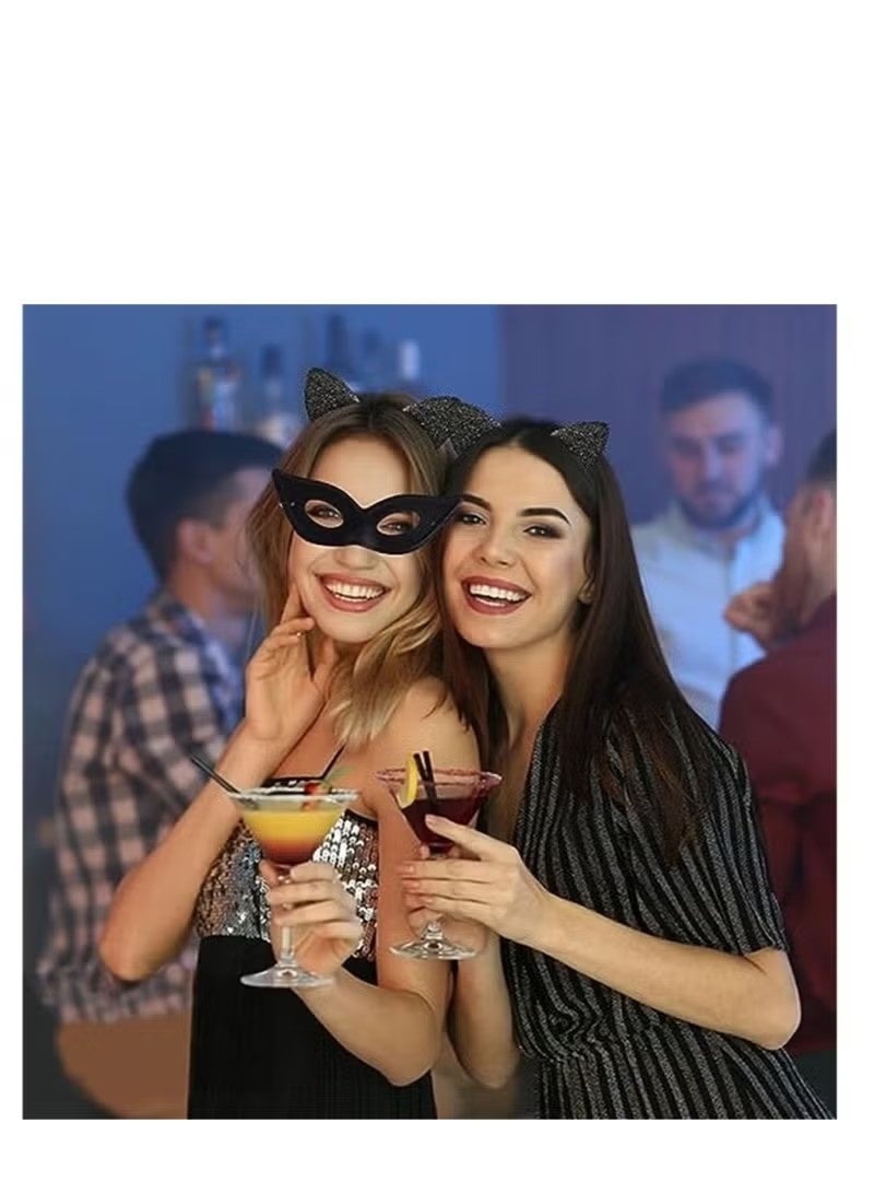 Cat Mask and Cat Ears Headband Set, Black Cat Eye Mask for Masquerade Party with Elastic String Masquerade Masks, Cat Woman Party Mask for Women Girls - Image 4