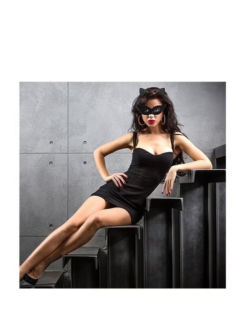 Cat Mask and Cat Ears Headband Set, Black Cat Eye Mask for Masquerade Party with Elastic String Masquerade Masks, Cat Woman Party Mask for Women Girls - Image 5