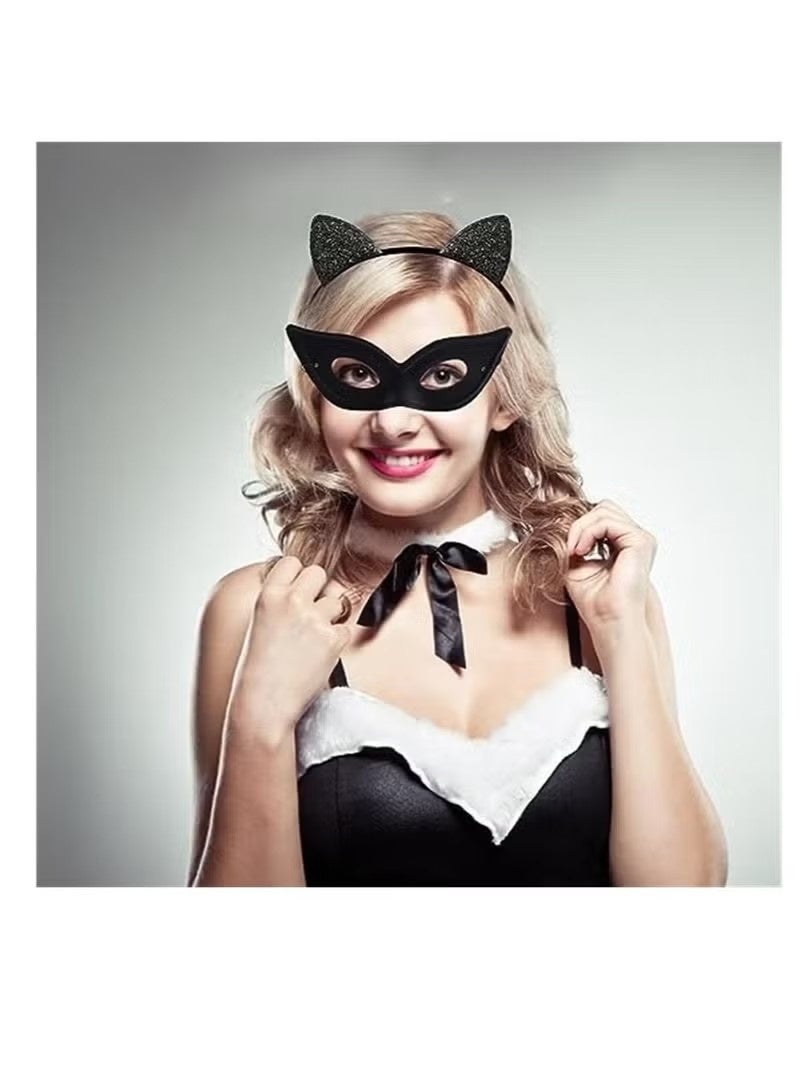 Cat Mask and Cat Ears Headband Set, Black Cat Eye Mask for Masquerade Party with Elastic String Masquerade Masks, Cat Woman Party Mask for Women Girls - Image 3