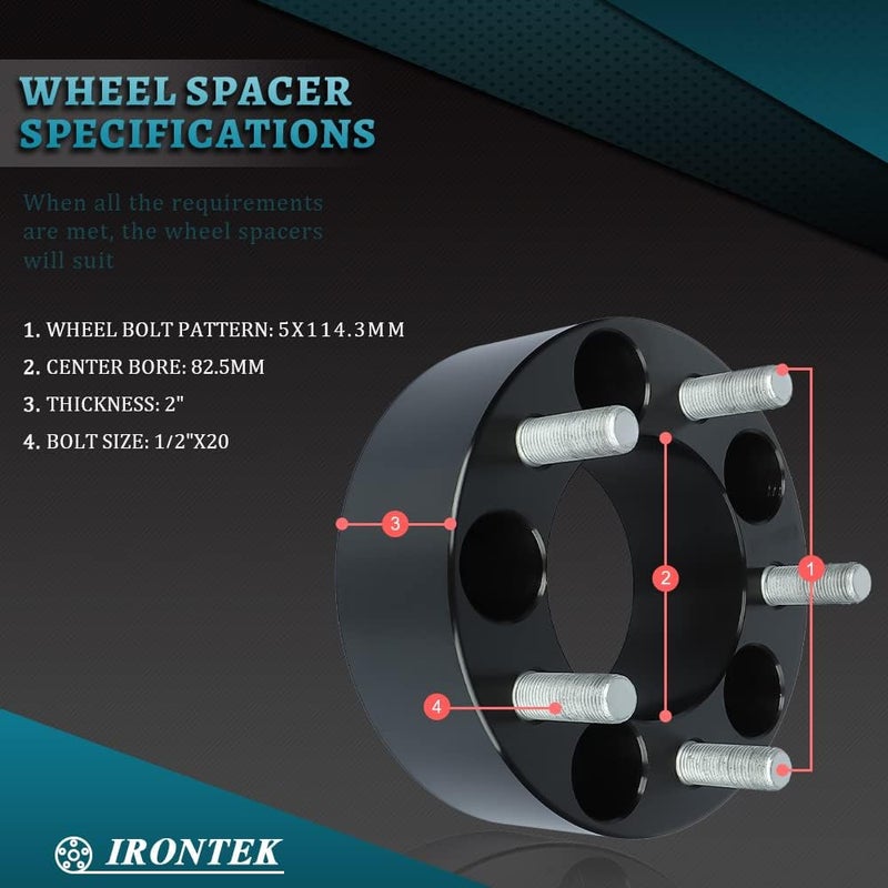 IRONTEK 5x114.3mm Wheel Spacer Adapter - 2in Thickness, 82.5mm Bore, 1/2" x 20 Studs - Image 3
