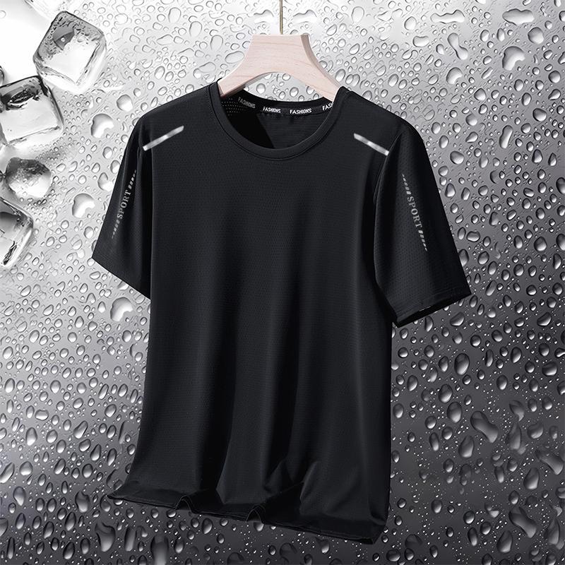[Quick Delivery] Summer Ice Silk T-Shirt Mens Round Neck Quick-drying Clothes Short-sleeved Breathable plus size Top Mens Sports Loose Pure black [butterfly net connecting rod]