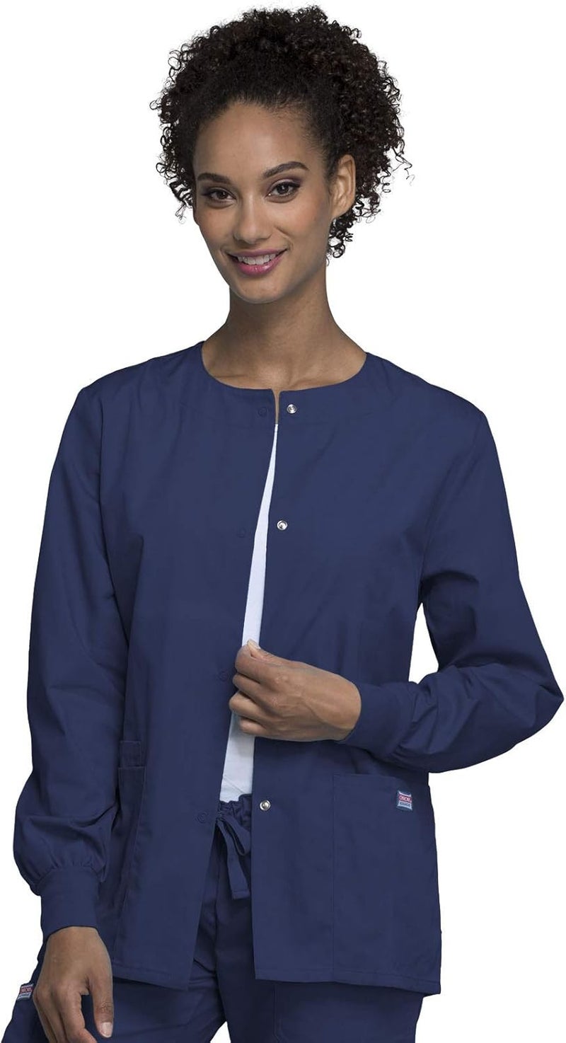 Cherokee Women's Snap Front Workwear Originals Scrub Jacket, Navy, Size L - Image 1
