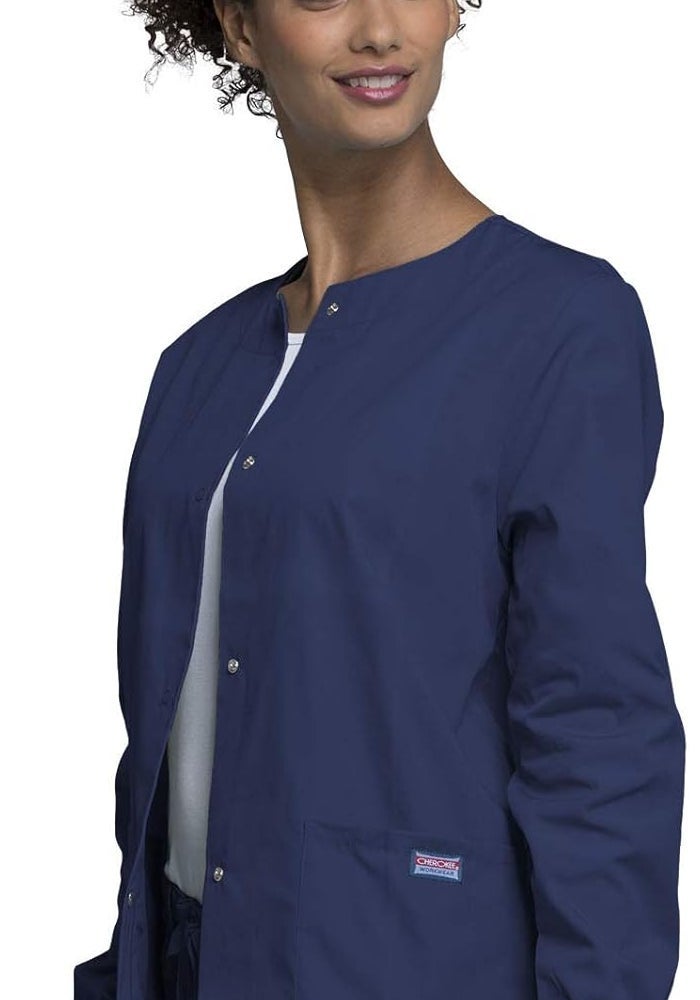 Cherokee Women's Snap Front Workwear Originals Scrub Jacket, Navy, Size L - Image 3