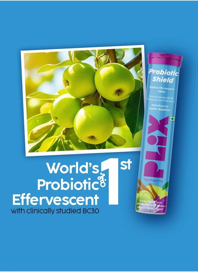 PLIX THE PLANT FIX Probiotic Shield Pre+probiotic 90 Effervescent Tablets With 20 Billion Cfus, Vital Probiotic Strains, Pack Of 6- Green Apple