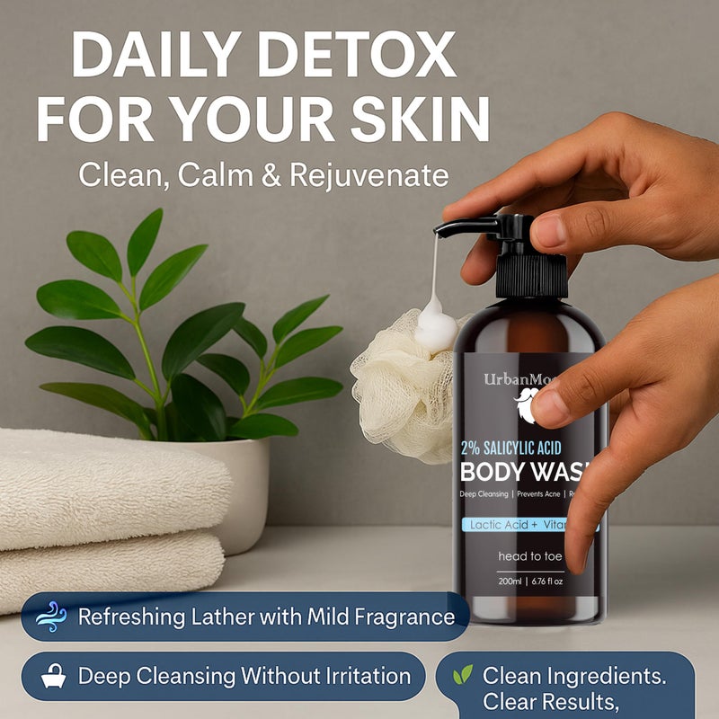 UrbanMooch Head to Toe 2% Salicylic Acid Body Wash for Men | Deep Cleansing, Anti-Acne & Exfoliating with Aloe Vera Extract & Niacinamide | Shower Gel for Body, Face & Hair, 200ml (Salicylic Acid) - Image 2