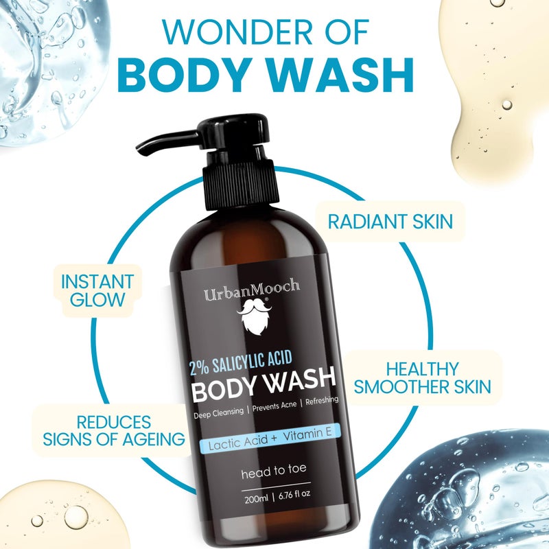 UrbanMooch Head to Toe 2% Salicylic Acid Body Wash for Men | Deep Cleansing, Anti-Acne & Exfoliating with Aloe Vera Extract & Niacinamide | Shower Gel for Body, Face & Hair, 200ml (Salicylic Acid) - Image 5