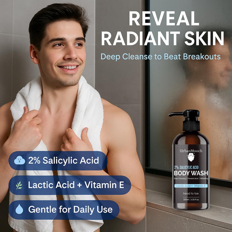 UrbanMooch Head to Toe 2% Salicylic Acid Body Wash for Men | Deep Cleansing, Anti-Acne & Exfoliating with Aloe Vera Extract & Niacinamide | Shower Gel for Body, Face & Hair, 200ml (Salicylic Acid) - Image 3