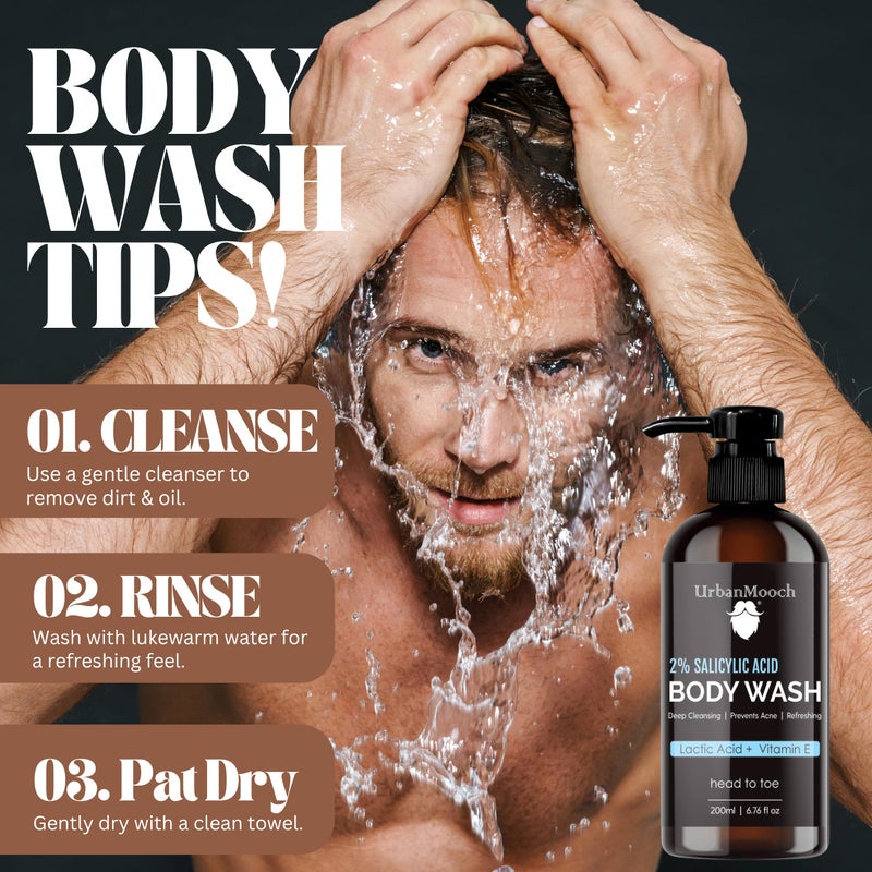 UrbanMooch Head to Toe 2% Salicylic Acid Body Wash for Men | Deep Cleansing, Anti-Acne & Exfoliating with Aloe Vera Extract & Niacinamide | Shower Gel for Body, Face & Hair, 200ml (Salicylic Acid) - Image 4