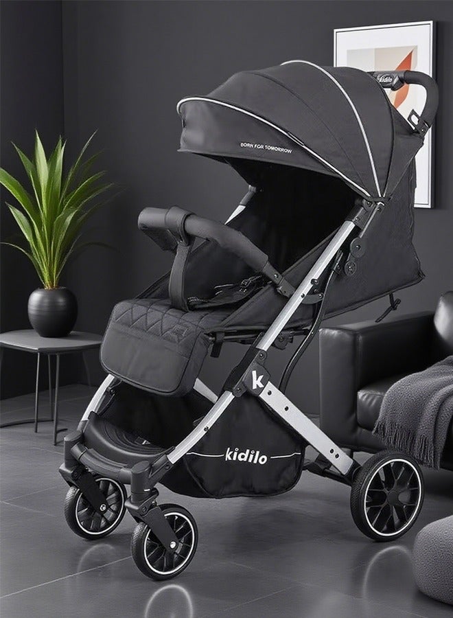 كيديليو عربة أطفال يمكن الجلوس أو الاستلقاء، عربة أطفال خفيفة الوزن وقابلة للطي ومتعددة الوظائف، عربة أطفال سوداء - Image 1