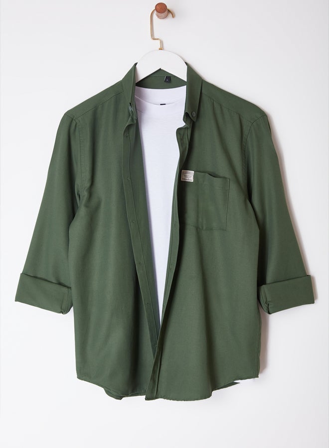 trendyol Khaki Regular Fit Label Detailed Chambray Easy Iron Shirt TMNAW25GO00011 - Image 1