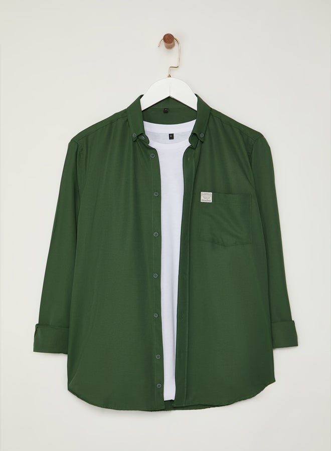 trendyol Khaki Regular Fit Label Detailed Chambray Easy Iron Shirt TMNAW25GO00011 - Image 3