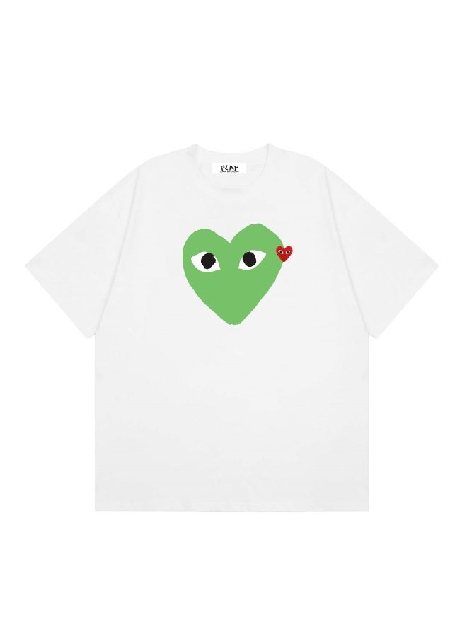 PLAY Design-Style Green Heart & Small Red Heart Print White Oversized T-Shirt Size M - Image 1