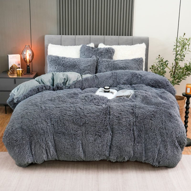 Fluffy Plush Duvet Cover Set Twin Size Luxury Ultra Soft Velvet Fuzzy Comforter Cover Bed Sets 3Pcs1 Faux Fur Duvet Cover  1 Pillow Cases  1 Pillow Cover Zipper Closure Twin Dark Gray