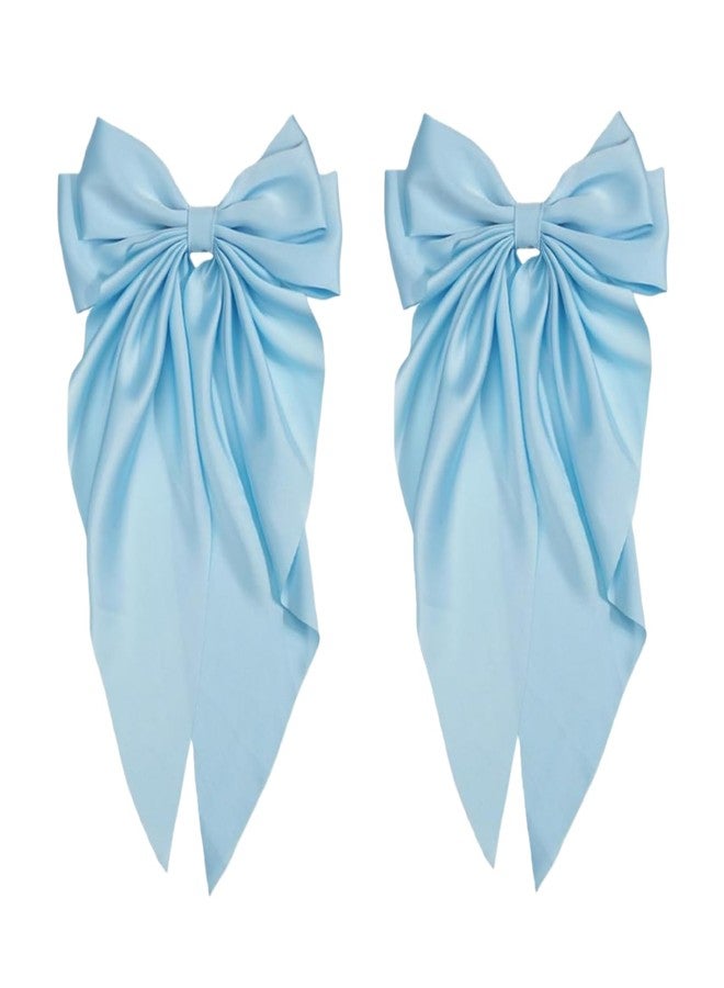 Wentoenapp 2Pcs Bowknot Barrette, Jumbo Silky Satin Bow Hair Clip with Long Tails for Women and Girls, Large French Metal Hair Slide Clips and Hair Accessories (Light Blue) - Image 1