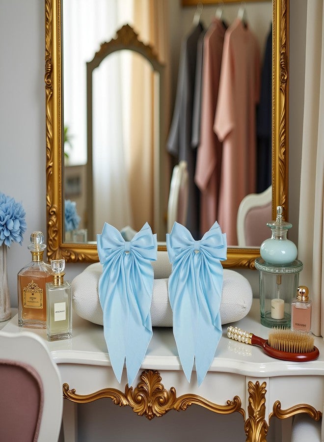 Wentoenapp 2Pcs Bowknot Barrette, Jumbo Silky Satin Bow Hair Clip with Long Tails for Women and Girls, Large French Metal Hair Slide Clips and Hair Accessories (Light Blue) - Image 4