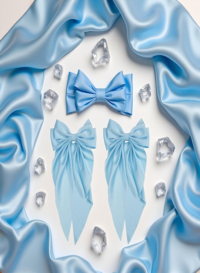 Wentoenapp 2Pcs Bowknot Barrette, Jumbo Silky Satin Bow Hair Clip with Long Tails for Women and Girls, Large French Metal Hair Slide Clips and Hair Accessories (Light Blue) - Image 2