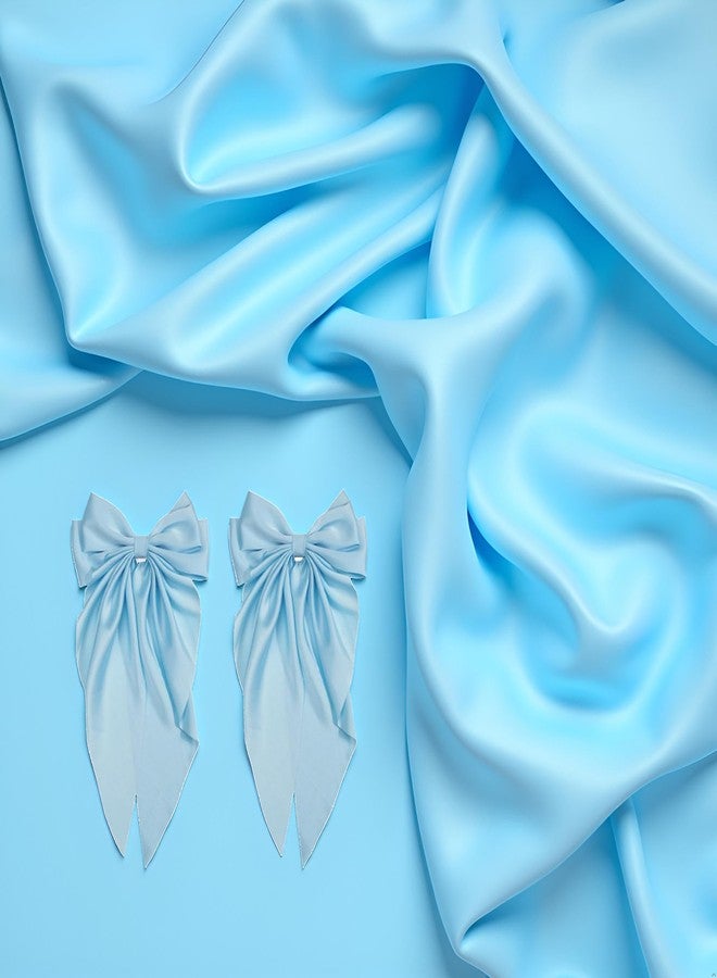 Wentoenapp 2Pcs Bowknot Barrette, Jumbo Silky Satin Bow Hair Clip with Long Tails for Women and Girls, Large French Metal Hair Slide Clips and Hair Accessories (Light Blue) - Image 3