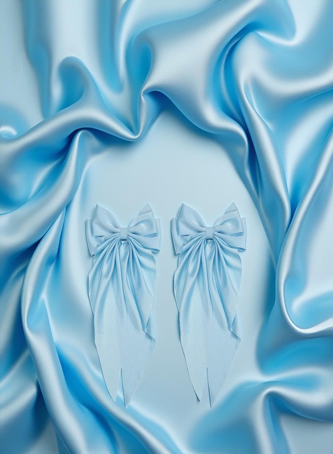 Wentoenapp 2Pcs Bowknot Barrette, Jumbo Silky Satin Bow Hair Clip with Long Tails for Women and Girls, Large French Metal Hair Slide Clips and Hair Accessories (Light Blue) - Image 5