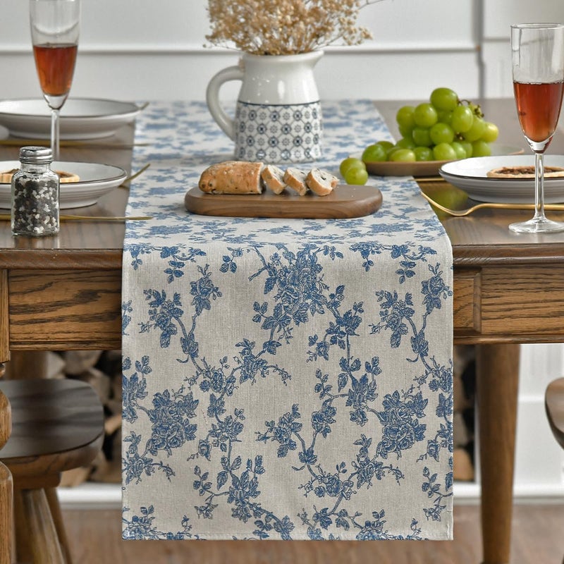 Blue and White Porcelain Branch Table Runner - 13x72 Inch - Image 1