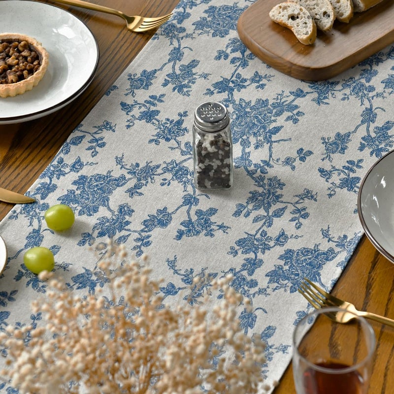 Blue and White Porcelain Branch Table Runner - 13x72 Inch - Image 2