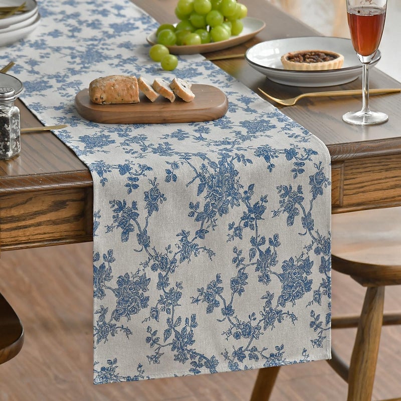 Blue and White Porcelain Branch Table Runner - 13x72 Inch - Image 3