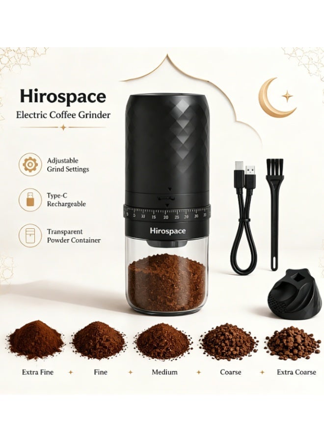 Hirospace Electric Coffee Grinder, Type-C Rechargeable, Portable Coffee Bean Grinder for Home & Travel, Black - Image 1