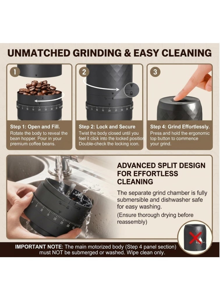 Hirospace Electric Coffee Grinder, Type-C Rechargeable, Portable Coffee Bean Grinder for Home & Travel, Black - Image 4