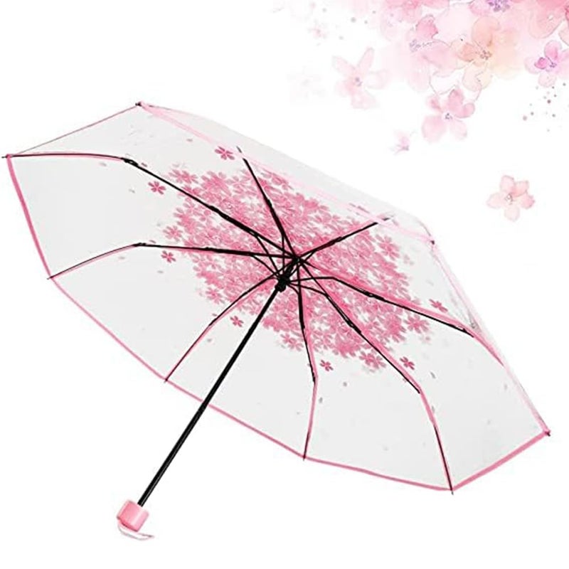 JOBEDE Three Fold Umbrella Women Transparent Clear Cherry Blossom Mushroom Sakura Folding Sunshade Rain Umbrellas - Image 1