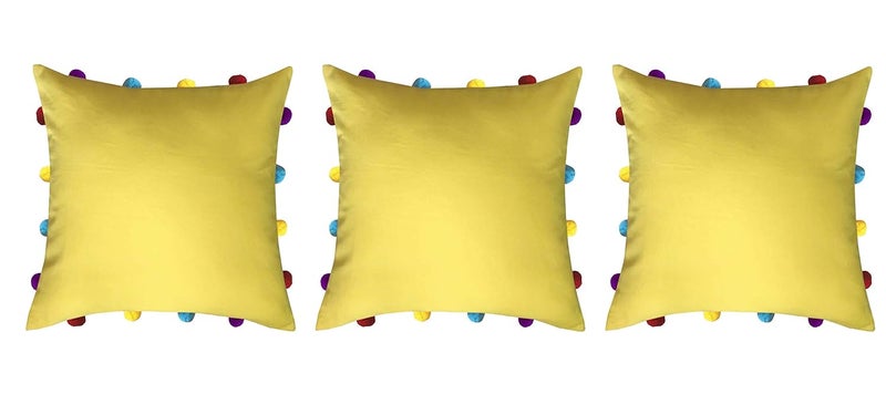 Lushomes Cushion Cover 14x14 Boho Cushion Covers Sofa Pillow Cover Cushion Covers with Tassels Cushion Cover with pom pom 14x14 Inches Set of 3 Yellow - Image 1