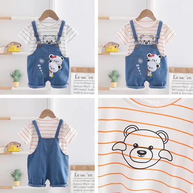 Bold N Elegant Stripe Bear Panda Friends Cute Cartoon Print Half Sleeve Kid's T-Shirt with Dungaree Bibshorts for Baby Boy & Girl (2-3 Years, White Pink) - Image 3