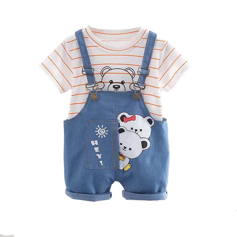 Bold N Elegant Stripe Bear Panda Friends Cute Cartoon Print Half Sleeve Kid's T-Shirt with Dungaree Bibshorts for Baby Boy & Girl (2-3 Years, White Pink) - Image 1