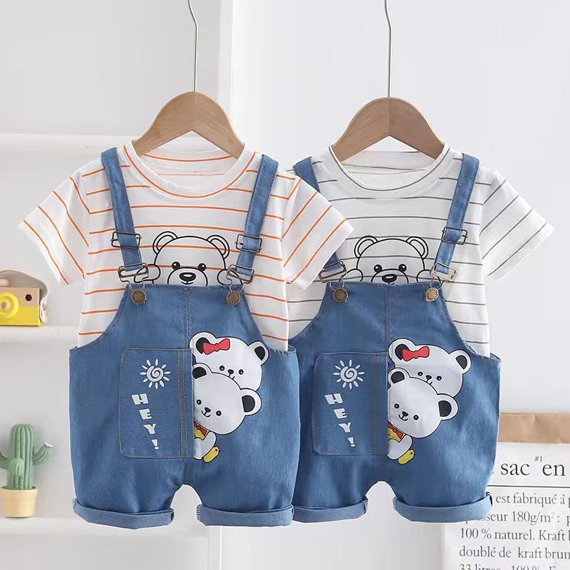 Bold N Elegant Stripe Bear Panda Friends Cute Cartoon Print Half Sleeve Kid's T-Shirt with Dungaree Bibshorts for Baby Boy & Girl (2-3 Years, White Pink) - Image 4