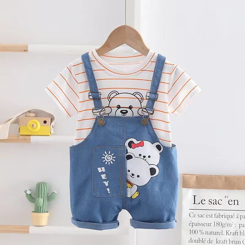Bold N Elegant Stripe Bear Panda Friends Cute Cartoon Print Half Sleeve Kid's T-Shirt with Dungaree Bibshorts for Baby Boy & Girl (2-3 Years, White Pink) - Image 2