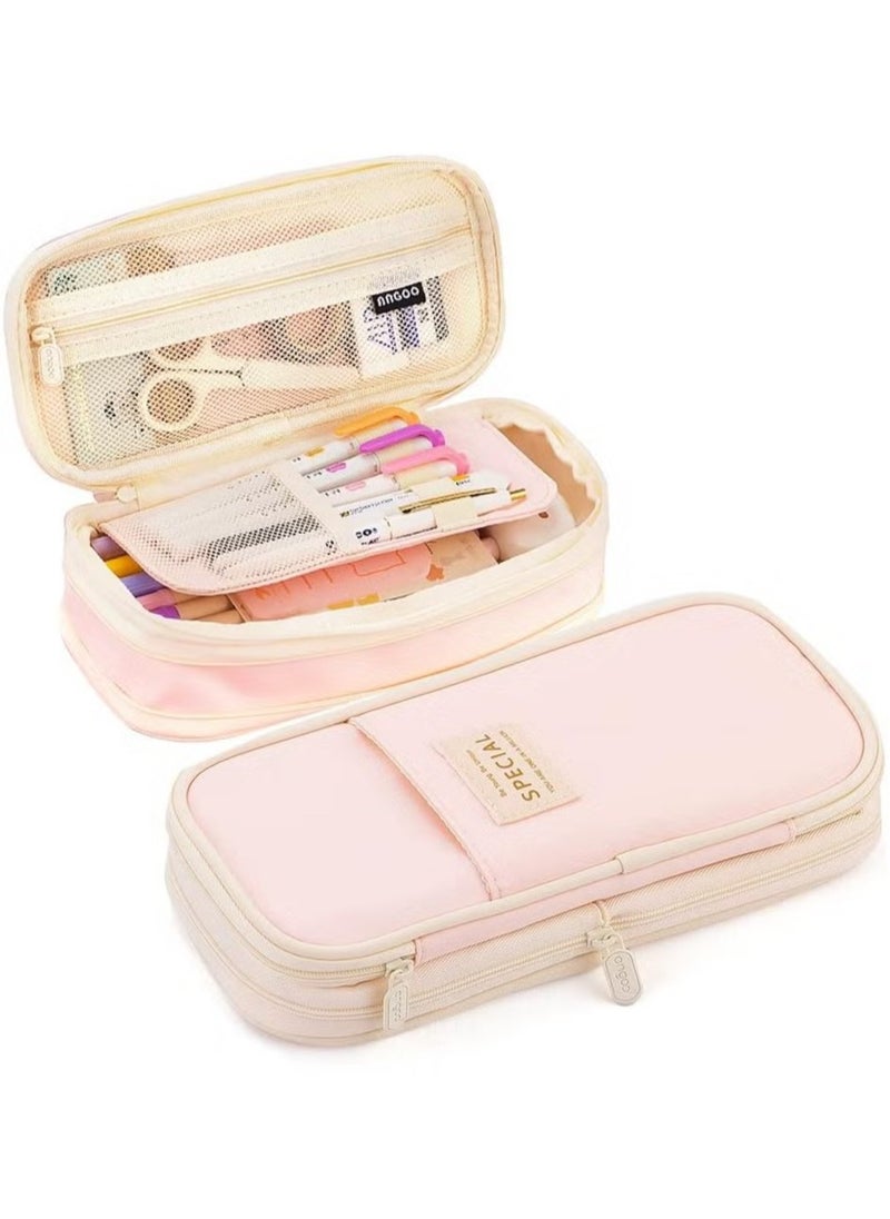 Generic Expandable Pencil case with compartments, Large Capacity Pencil Cases Pencil Bag Pouch Office School, Portable Pencil Case Large School Stationery Organizer, Makeup Cosmetic Bag, Pink  - Image 1