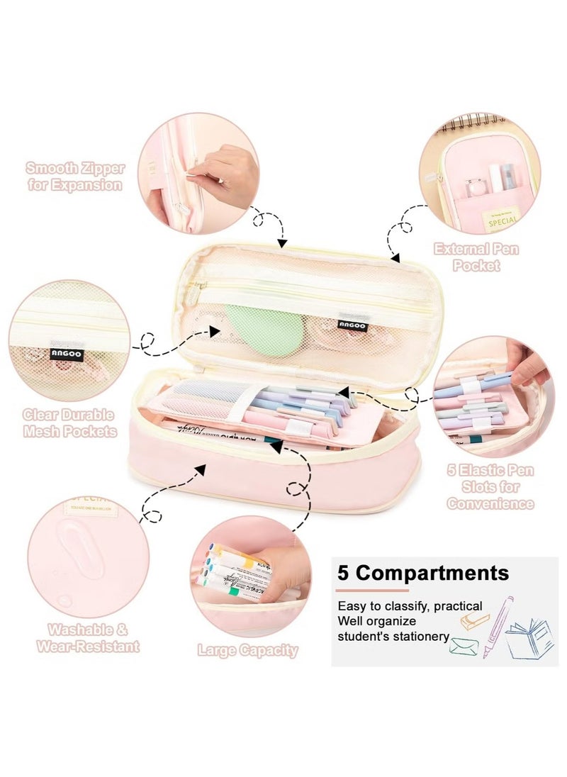 Generic Expandable Pencil case with compartments, Large Capacity Pencil Cases Pencil Bag Pouch Office School, Portable Pencil Case Large School Stationery Organizer, Makeup Cosmetic Bag, Pink  - Image 2