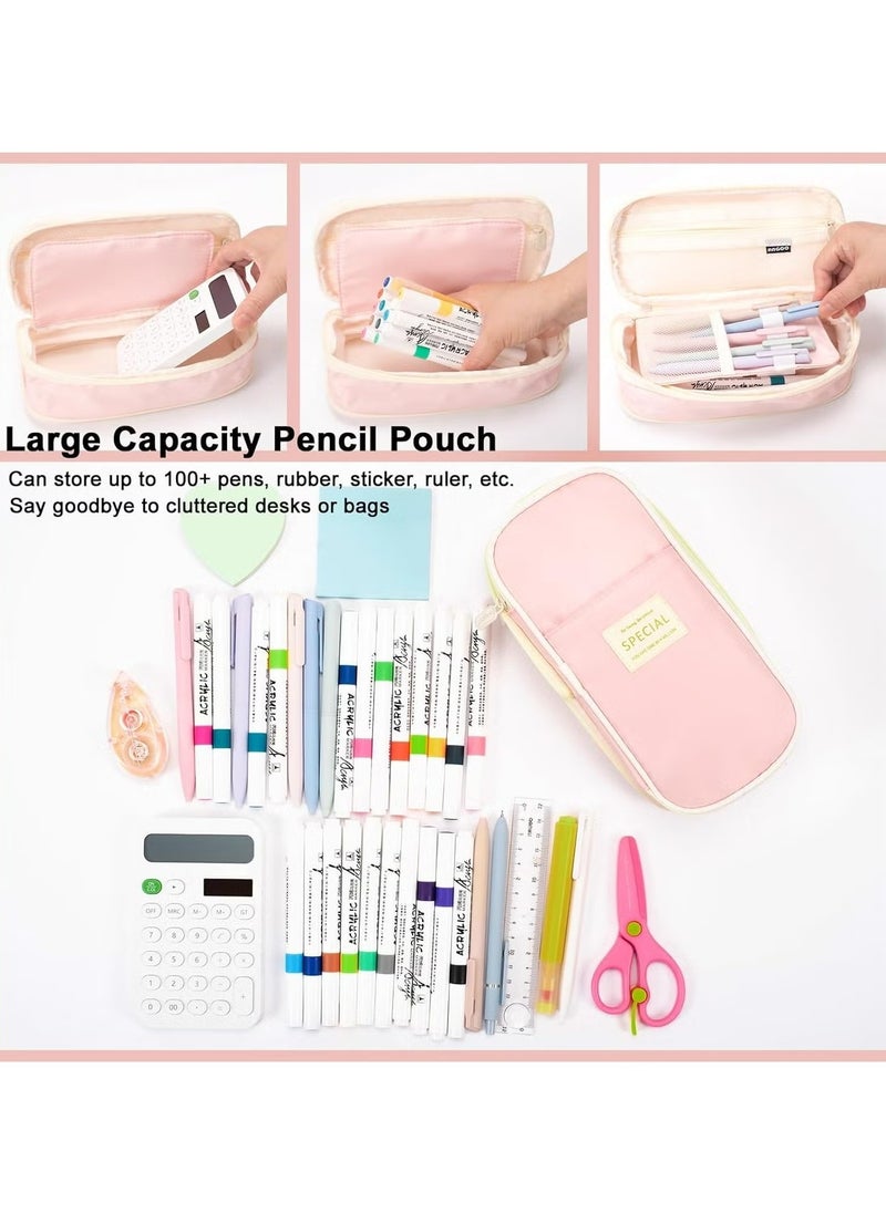 Generic Expandable Pencil case with compartments, Large Capacity Pencil Cases Pencil Bag Pouch Office School, Portable Pencil Case Large School Stationery Organizer, Makeup Cosmetic Bag, Pink  - Image 4