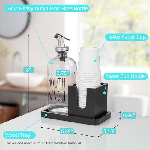 Bivvclaz Glass Mouthwash Dispenser for Bathroom, 16 OZ Mouthwash Dispenser with Pour Spout and Wood Cup Holder and Tray, Mouth Wash Bottle Container, Black Kitchen Bathroom Decor and Accessories - Image 3