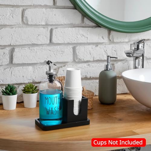 Bivvclaz Glass Mouthwash Dispenser for Bathroom, 16 OZ Mouthwash Dispenser with Pour Spout and Wood Cup Holder and Tray, Mouth Wash Bottle Container, Black Kitchen Bathroom Decor and Accessories - Image 2